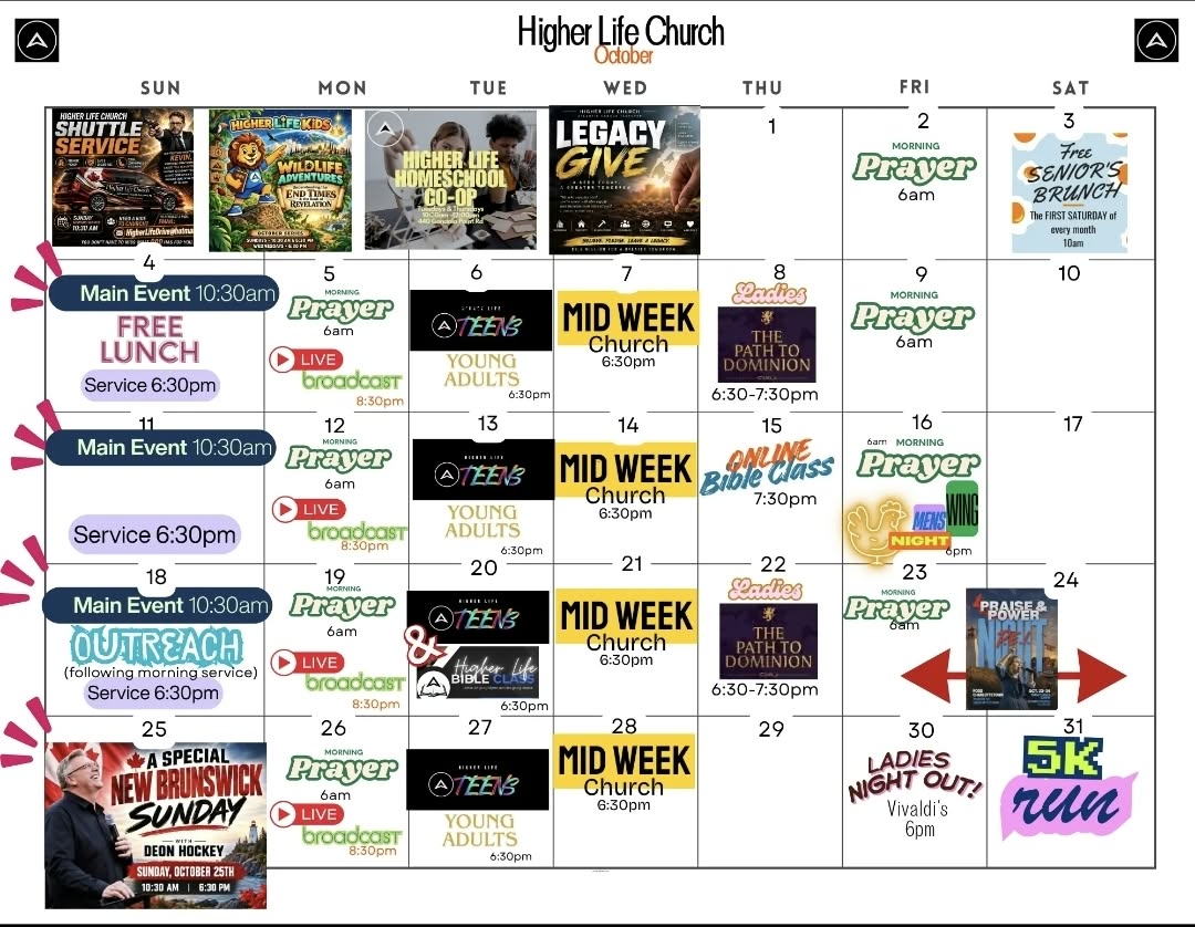 Higher Life Church monthly calendar showing services, prayer, and church gatherings