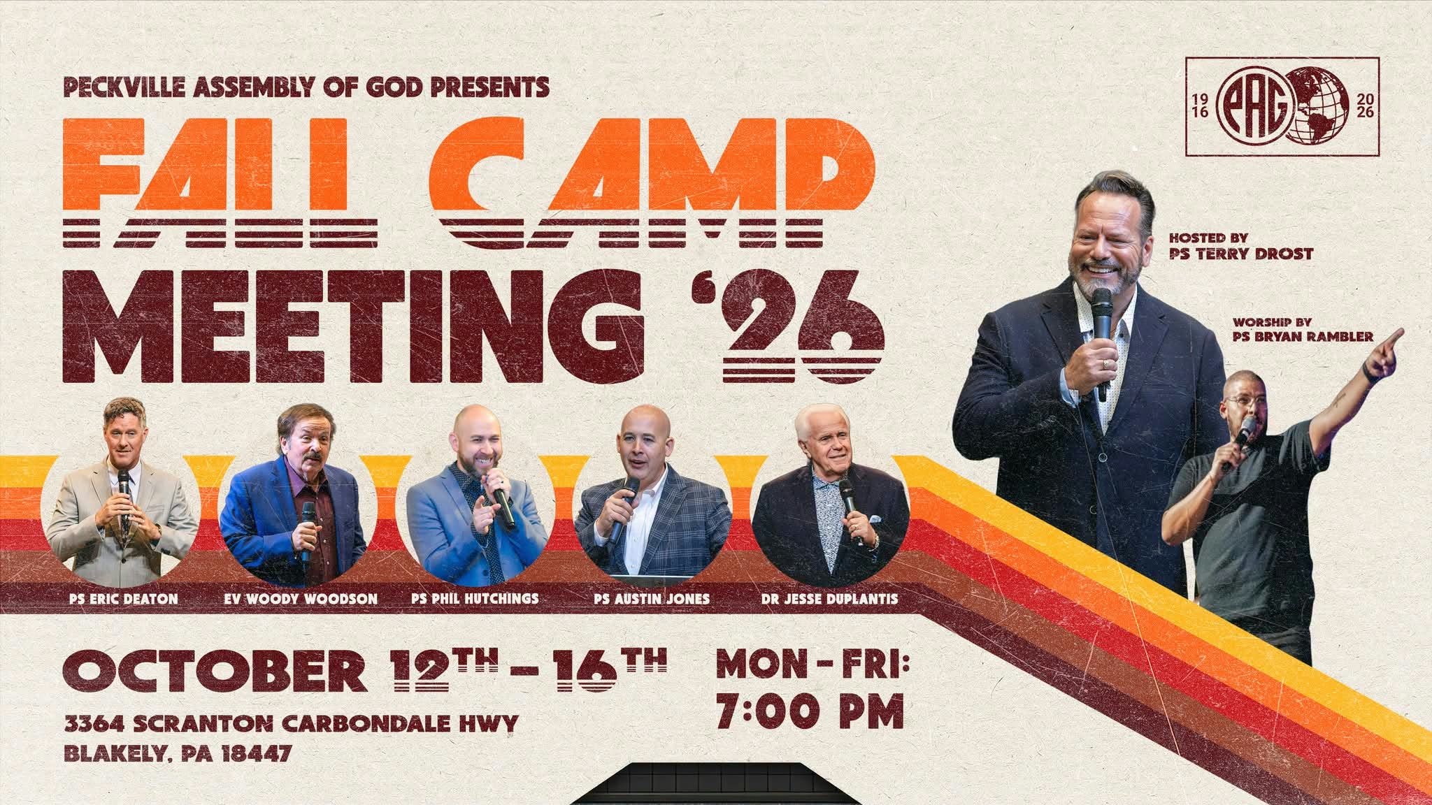 Peckville Assembly of God Fall Camp Meeting 2026 flyer with dates, location, host, worship leader, and guest speakers